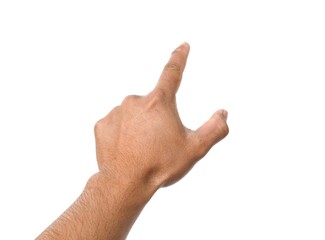 Men's hands making gestures like I'm pointing at something. or touch the phone screen Isolated on white background.