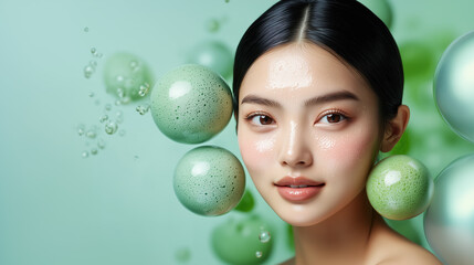 Naklejka premium Portrait of a model with radiant dewy skin on a soft clean background, surrounded by floating Spirulina extracts for wellness branding