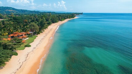 Fototapeta premium Aerial view of a tropical beach with clear turquoise water and beachfront property