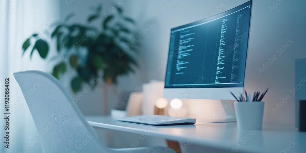 Poster innovative technology minimalist desk with innovative smart monitor and futuristic digital interface