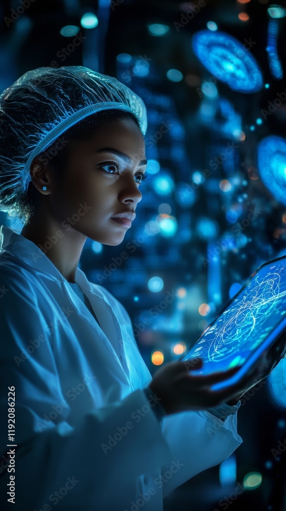 Poster scientist in laboratory conducting virus research with digital tablet in neon-lit environment, highl