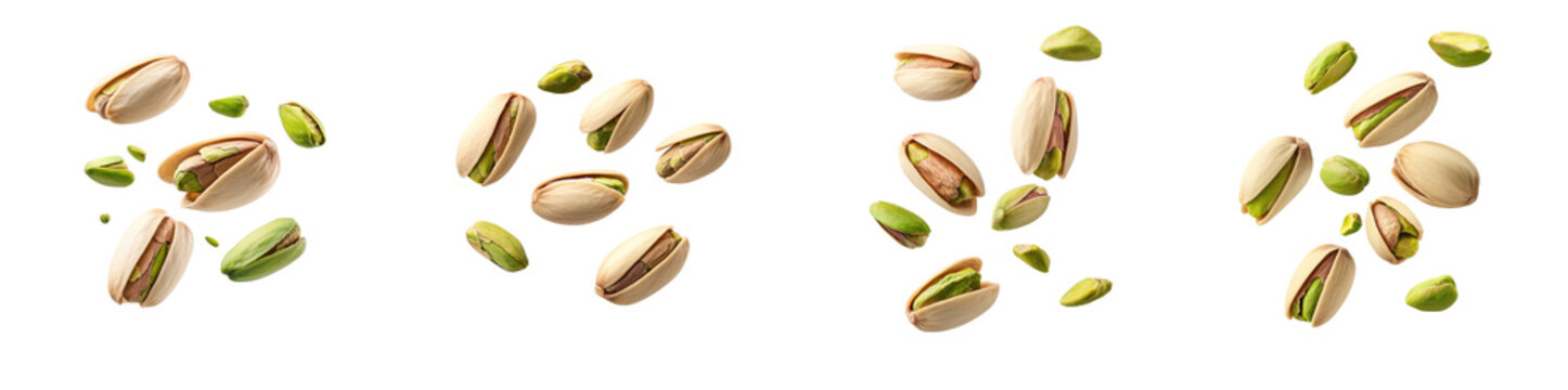 Pistachios flying through the air isolated on white background. Collection Png.