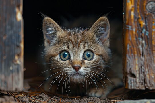 A curious kitten with big, blue eyes peeks out from a wooden doorway, its mischievous expression hinting at playful adventures.