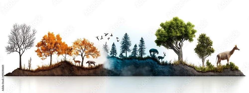 Poster autumn landscape diagram showing the frequency response of a wildlife population to changes in habit