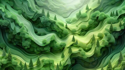 Abstract layered landscape with green hues and stylized trees.