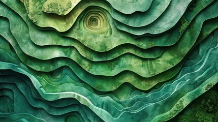 Fototapeta premium Abstract layered landscape in shades of green, resembling topographical maps.