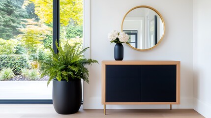 Modern interior design oak cabinet, black vase with flowers, fern in pot, gold mirror, bright window.