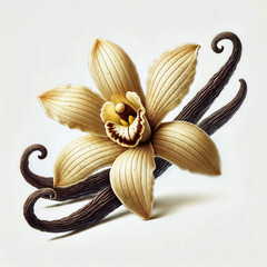 Elegant vanilla orchid flower with dried vanilla beans illustration isolated on white background