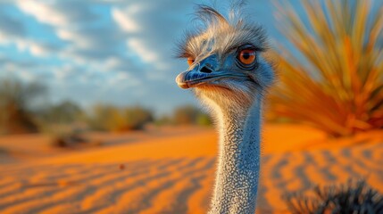 A curious ostrich with large, expressive eyes gazes intently at the camera, its long neck extending from the sandy landscape.