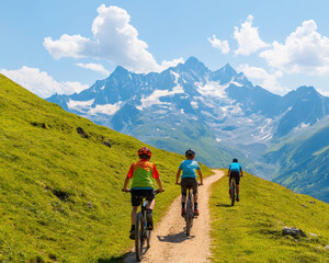 Fototapeta premium Biking family on scenic mountain trail, enjoying nature beauty