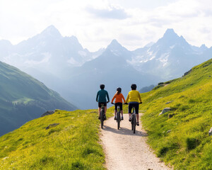 Obraz premium Biking on scenic mountain trail, three cyclists enjoy nature beauty