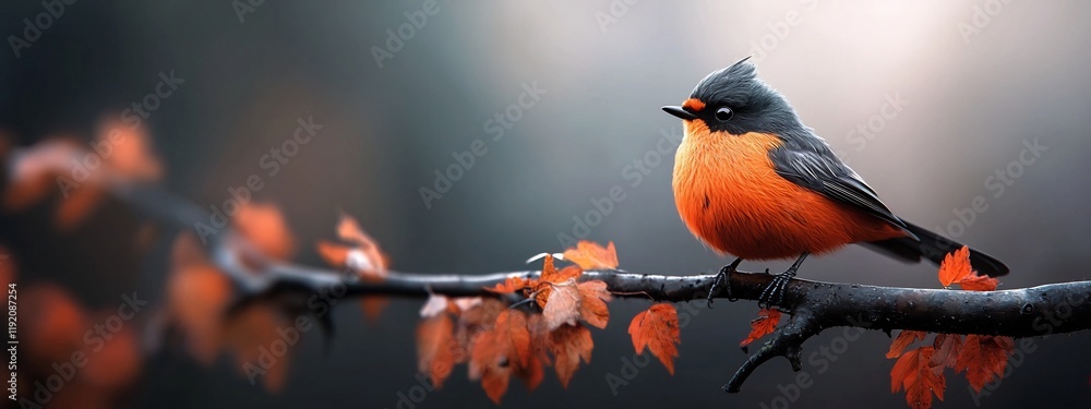 Poster a stunning 3d rendered image of a vibrant orange and black bird perched on an autumn branch with a s