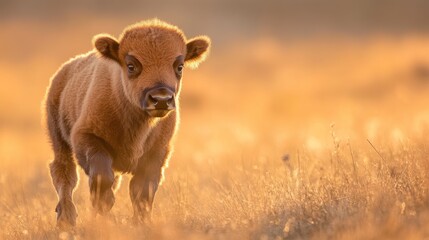 Fototapeta premium A young bison calf walks through a field at sunset bathed in golden light