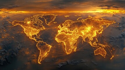 A world map illuminated with golden lights