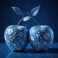 Duo of Elegant Blue Porcelain Apples with Intricate Floral Embossing
