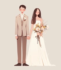 an Asian couple holding hands in wedding attire. Groom in light gray suit, bride with flowers