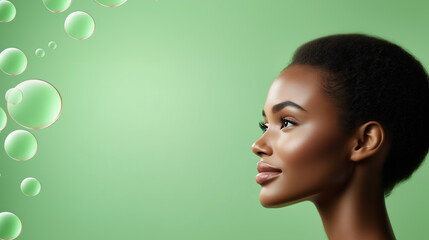 Beautiful Model with Glowing Dewy Skin Surrounded by Floating Chlorella Extracts in a Soft Clean Background, Ready for Text Placeholder