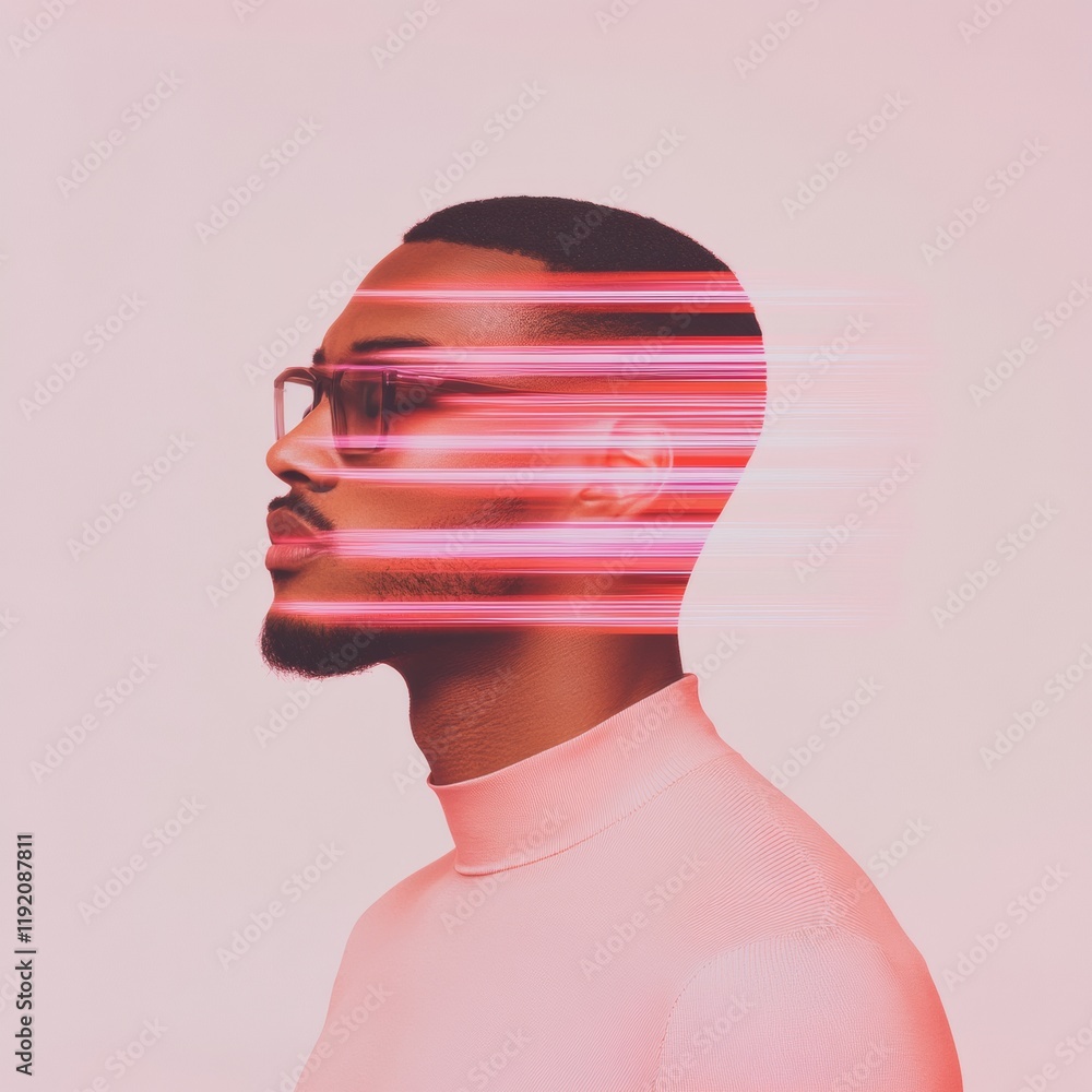Poster digital glitch portrait artistic glitch art of man with glasses in cyberpunk style, digital lines sh