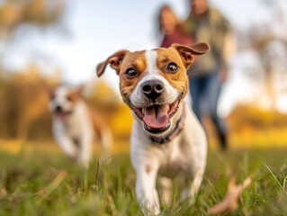 Happy dog running in park with family, enjoying sunny day outdoors