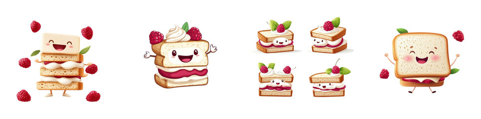 Raspberry sandwiches with a cartoon character isolated on white background. Collection Png.
