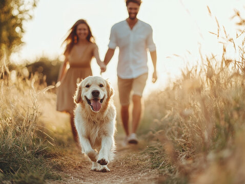 couple walking with their happy dog in sunlit field, enjoying nature