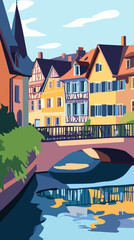 Fototapeta premium Charming Colmar Village Canal View Elegant Flat Vector Art of Alsace France