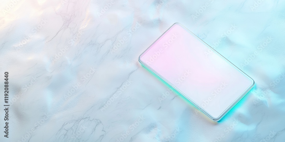 Poster futuristic ai-powered tablet display on marble surface with neon light, futuristic technology highli