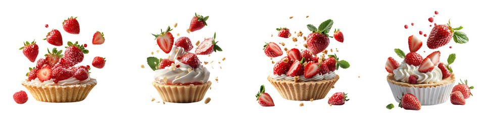 Strawberry tart flying through the air isolated on white background. Collection Png.