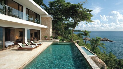 Fototapeta premium Modern villa with pool overlooking the ocean.
