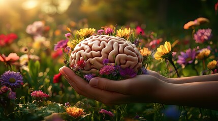 Hands holding a model of a human brain adorned with vibrant
