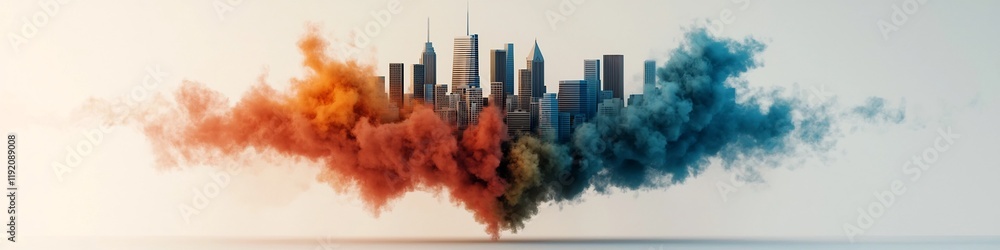 Poster vibrant abstract depicting a cityscape explosion visualizing the dynamic frequency distribution of u