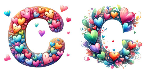Fototapeta premium Happy Valentine's Day, colorful watercolor cute hearts letter C isolated on a white background. Holiday typography illustration