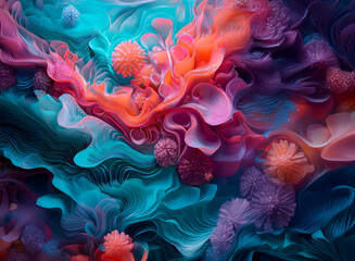 Fototapeta premium Abstract swirling forms in vibrant hues of pink, orange, purple, and teal create a mesmerizing, dreamlike background. Soft, organic shapes resemble coral or flowers.