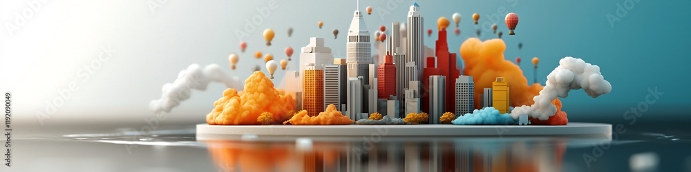 Poster this striking 3d depicts a futuristic cityscape where the levels of air pollution are visually repre