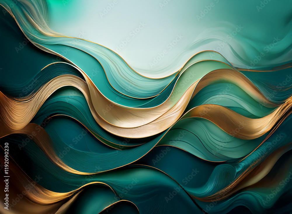 Poster abstract artwork featuring flowing teal and gold waves against a muted green background. the interpl