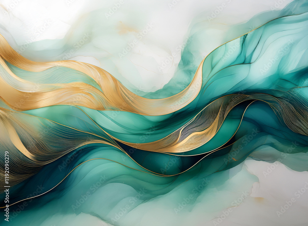 Poster fluid teal and gold abstract artwork. swirling, translucent forms create a dynamic composition again