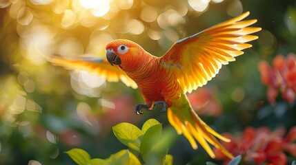 A vibrant orange Sun Conure parrot soars through a lush garden, its wings outstretched in flight.