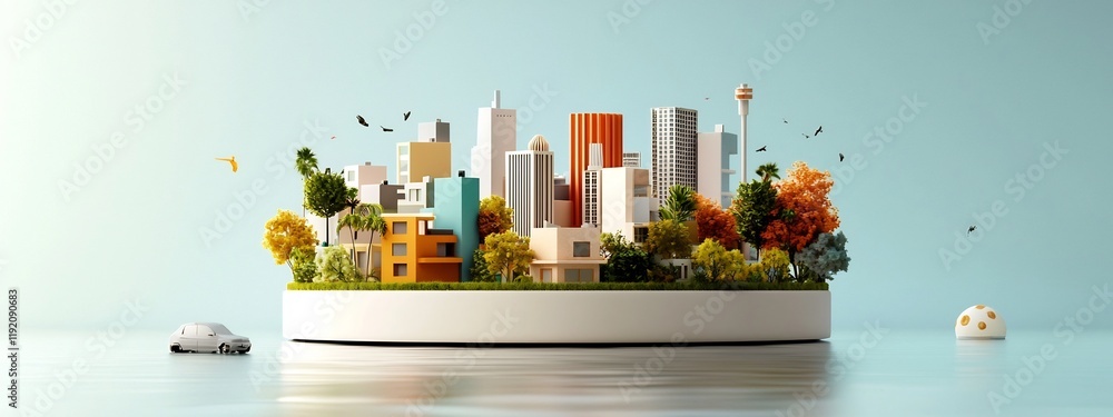 Poster digital rendering depicting a visionary modern cityscape with a diverse array of architectural eleme