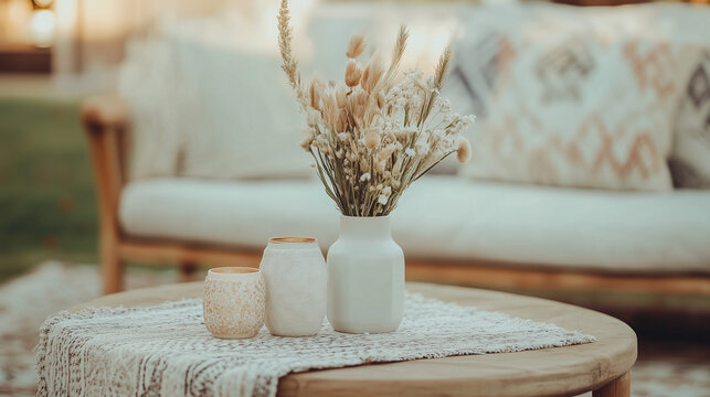 Bohemian Chic:  A simple, yet elegant tablescape featuring a rustic wood table, white ceramics, a  boho-style throw blanket, and a vase with dried flowers, creating a warm and inviting atmosphere.  