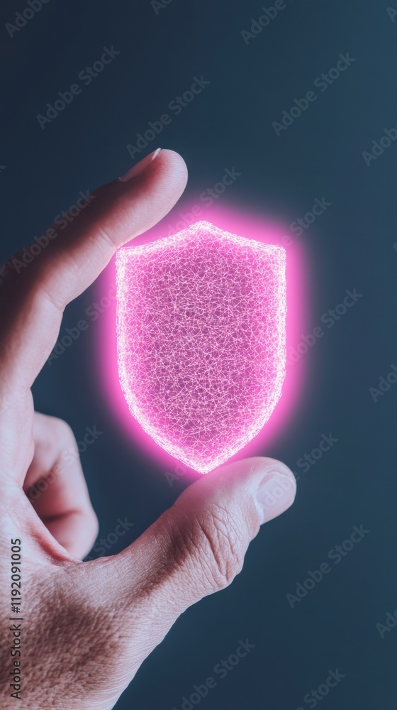 Poster cyber protection concept illuminated digital shield hovering above hand