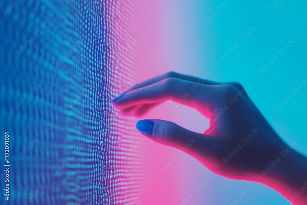 Poster futuristic touch hand interacting with digital interface in neon light