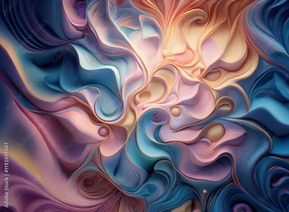 Poster Abstract swirling forms in pastel hues create a dynamic, layered composition against a muted background.  The image evokes a sense of movement and fluidity.