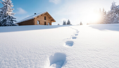 rustic cabin surrounded by snow, with family footprints leading to it, evokes sense of warmth and adventure