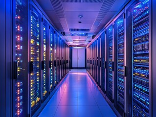 Empty server room hallway with glowing lights - ai