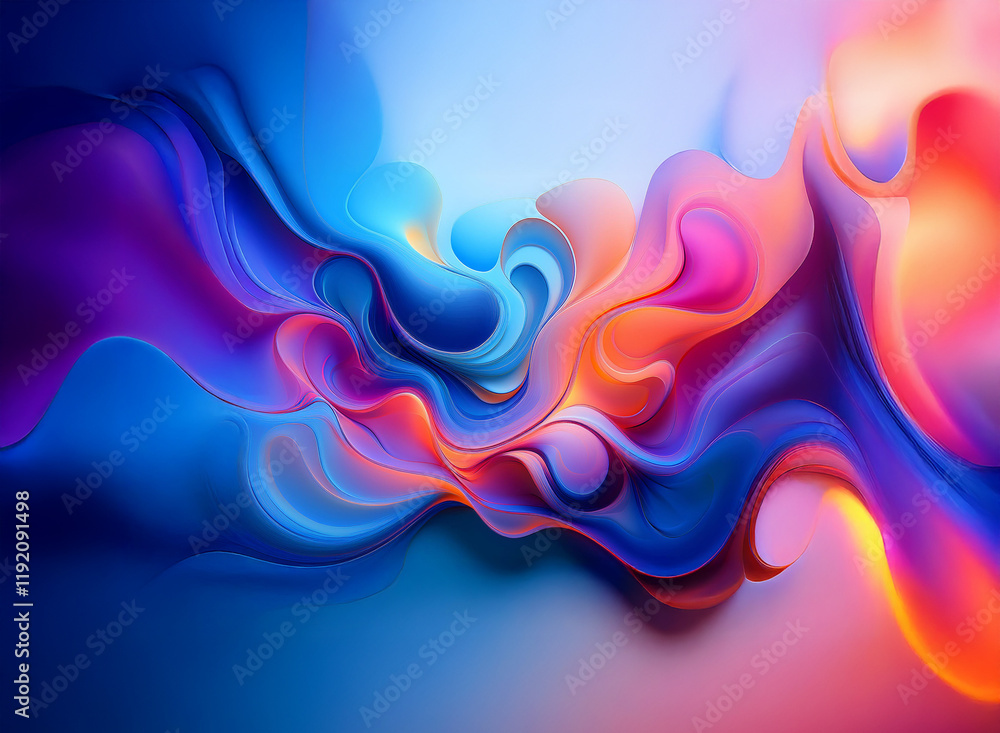 Poster abstract art showcasing vibrant, swirling colors against a blurred background. fluid forms interming