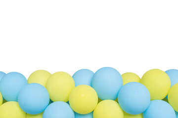 Shiny yellow and blue balloons. Beautiful 3D greeting banner. Bunch of bright balloons and space for text against