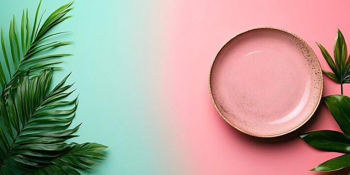Pink plate, tropical leaves, pastel background. Menu design