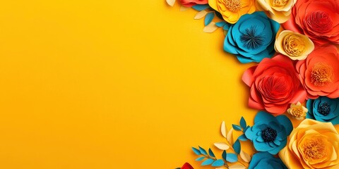Photo of a background with colorful paper flowers in a yellow color scheme. Web banner with copy space.
