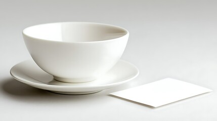 Fototapeta premium White teacup saucer mockup, minimalist design, blank card, studio background, for branding