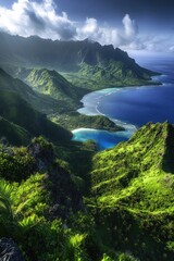 Ocean and mountain landscape from hilltop